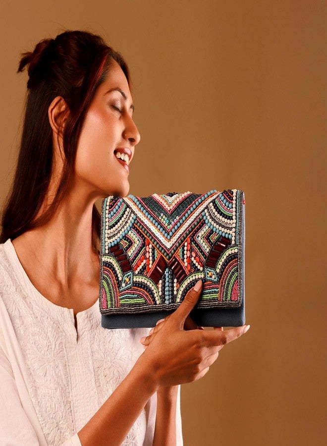 VOYLLA Boho Glam Beaded Party Clutch Bag For Women,Party,Wedding,Festive,Gift For Women & Girls - Image 4